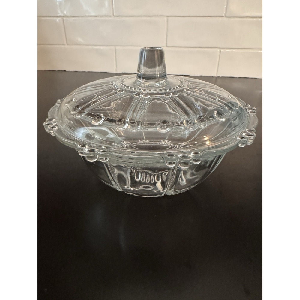 Vintage KIG INDONESIA Beaded OYSTER PEARL Clear Glass Candy‎ Dish Bowl